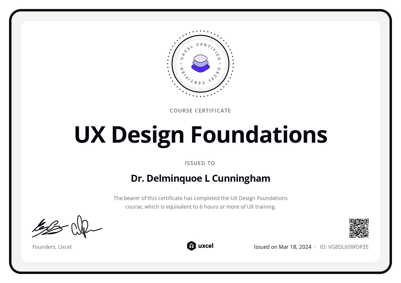 Dr. Delminquoe L Cunningham's certificate